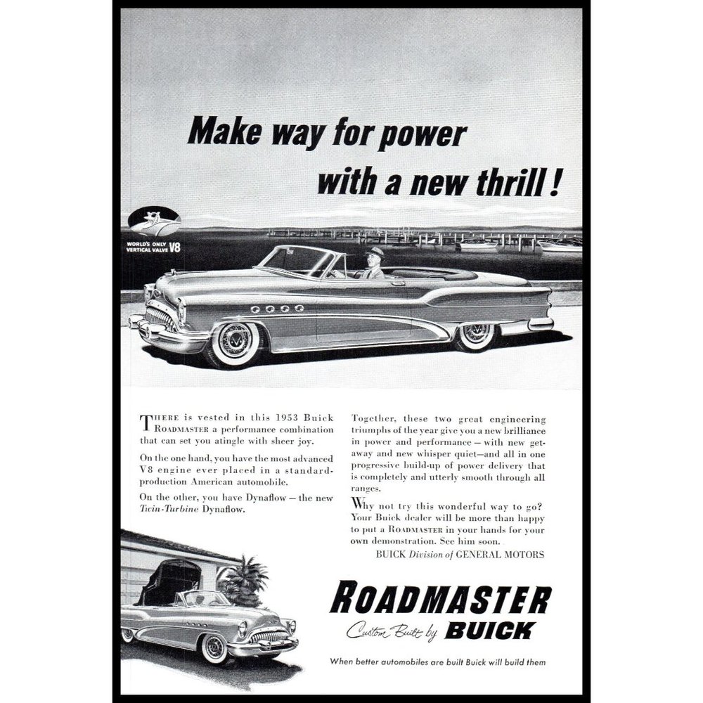1953 Buick Roadmaster Convertible Vintage Print Ad Marina Boat Slips Wall Art